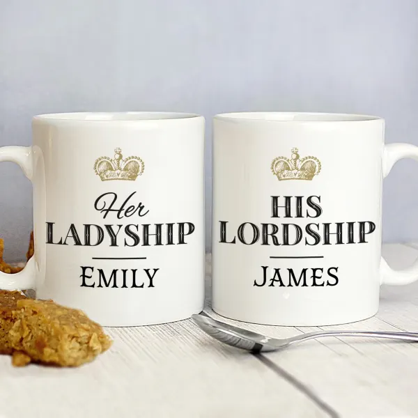 Personalised Ladyship Lordship Mugs, Custom Name Couple Crown Ceramic Drinkware