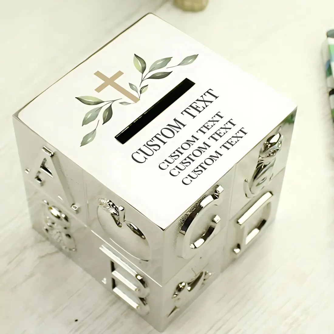Personalised ABC Money Box, Religious Cross Baptism Christening Gift, Silver Cube Keepsake — photo 2