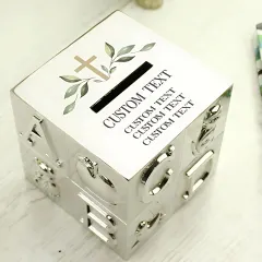 Personalised ABC Money Box, Religious Cross Baptism Christening Gift, Silver Cube Keepsake thumbnail 2