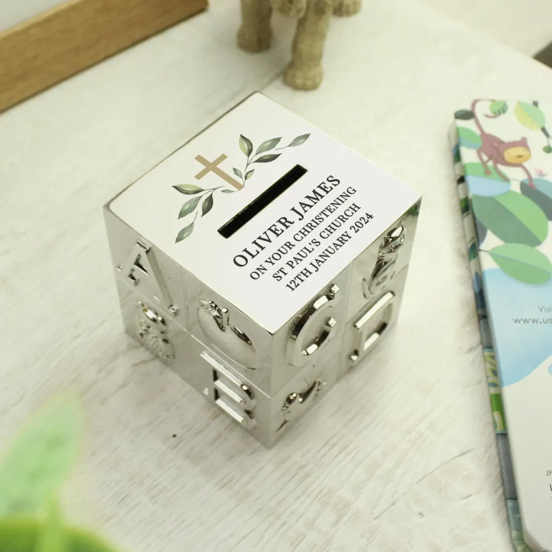 Personalised ABC Money Box, Religious Cross Baptism Christening Gift, Silver Cube Keepsake — photo 3