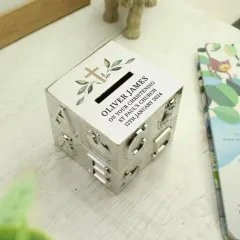 Personalised ABC Money Box, Religious Cross Baptism Christening Gift, Silver Cube Keepsake thumbnail 3