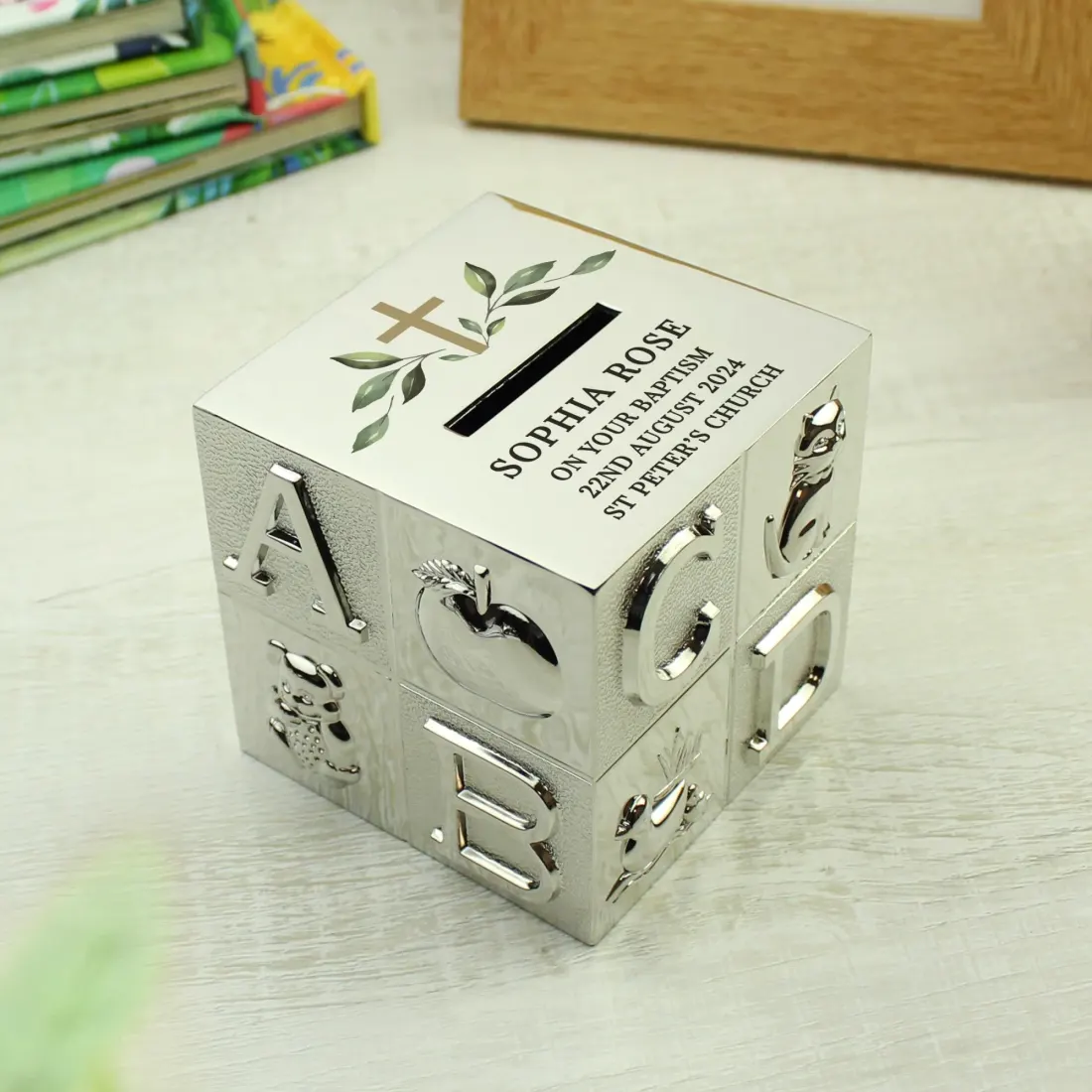 Personalised ABC Money Box, Religious Cross Baptism Christening Gift, Silver Cube Keepsake — photo 5