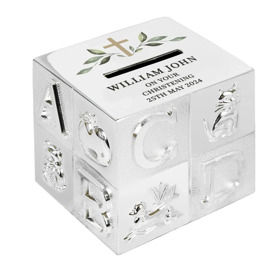 Personalised ABC Money Box, Religious Cross Baptism Christening Gift, Silver Cube Keepsake — photo 6