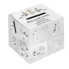 Personalised ABC Money Box, Religious Cross Baptism Christening Gift, Silver Cube Keepsake thumbnail 6