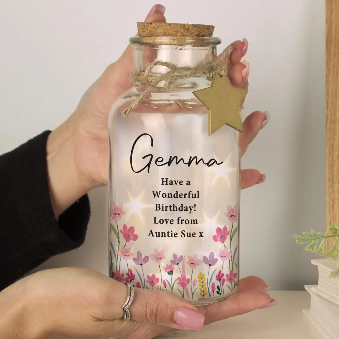 Personalised Floral LED Glass Jar, Custom Text Engraved Night Light