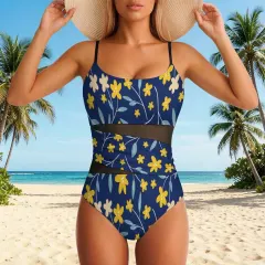 Women's Square Neck Mesh Spliced One Piece Swimsuit thumbnail 1