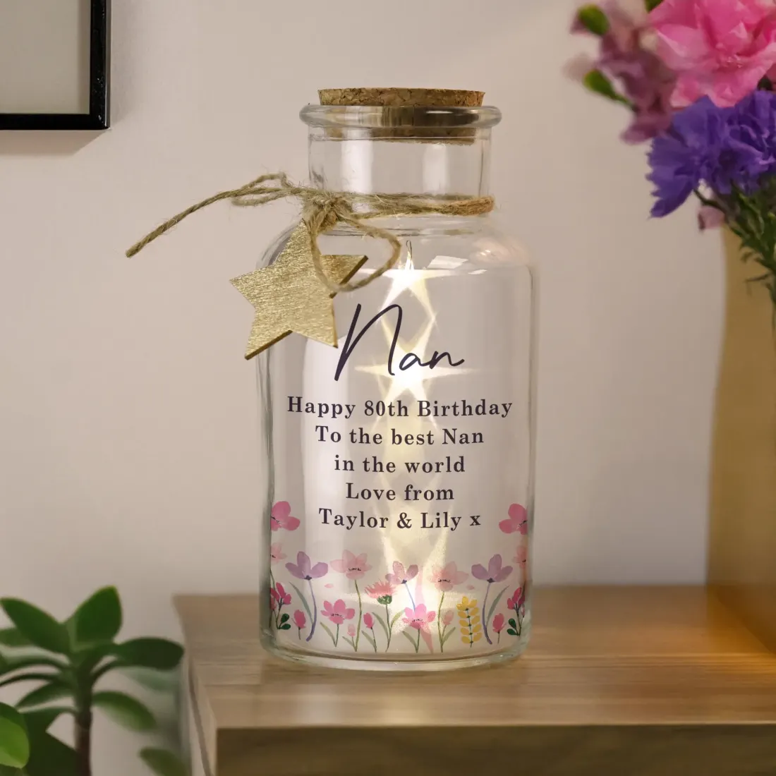 Personalised Floral LED Glass Jar, Custom Text Engraved Night Light — photo 3