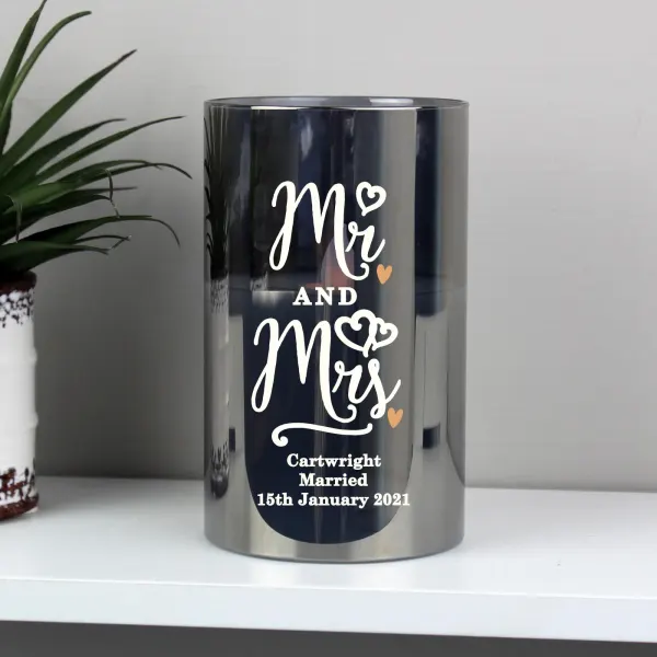 Personalised Mr and Mrs LED Candle, Smoked Glass Wedding Keepsake, Custom Couple Light