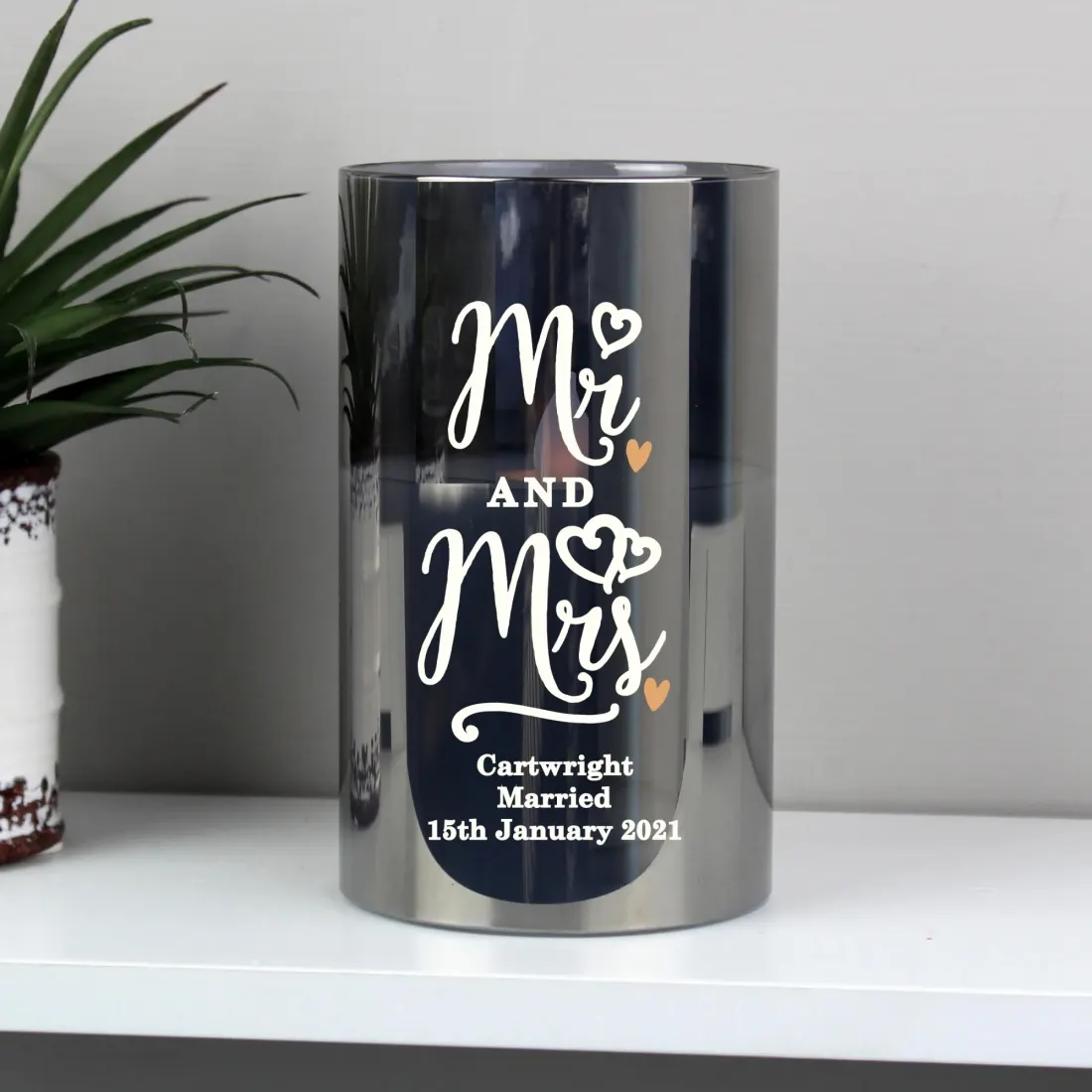 Personalised Mr and Mrs LED Candle, Smoked Glass Wedding Keepsake, Custom Couple Light
