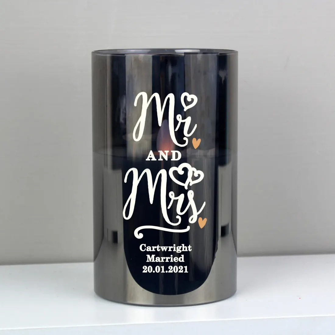 Personalised Mr and Mrs LED Candle, Smoked Glass Wedding Keepsake, Custom Couple Light — photo 3