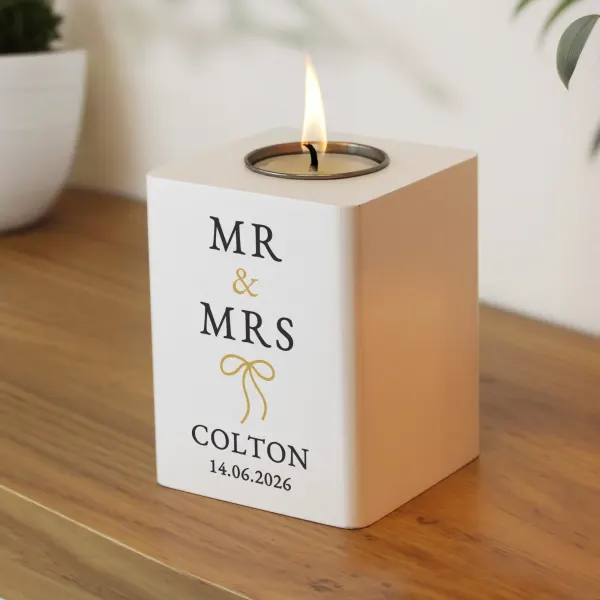 Personalised Wooden Tealight Holder, Black Gold Mr and Mrs Wedding Candle Gift