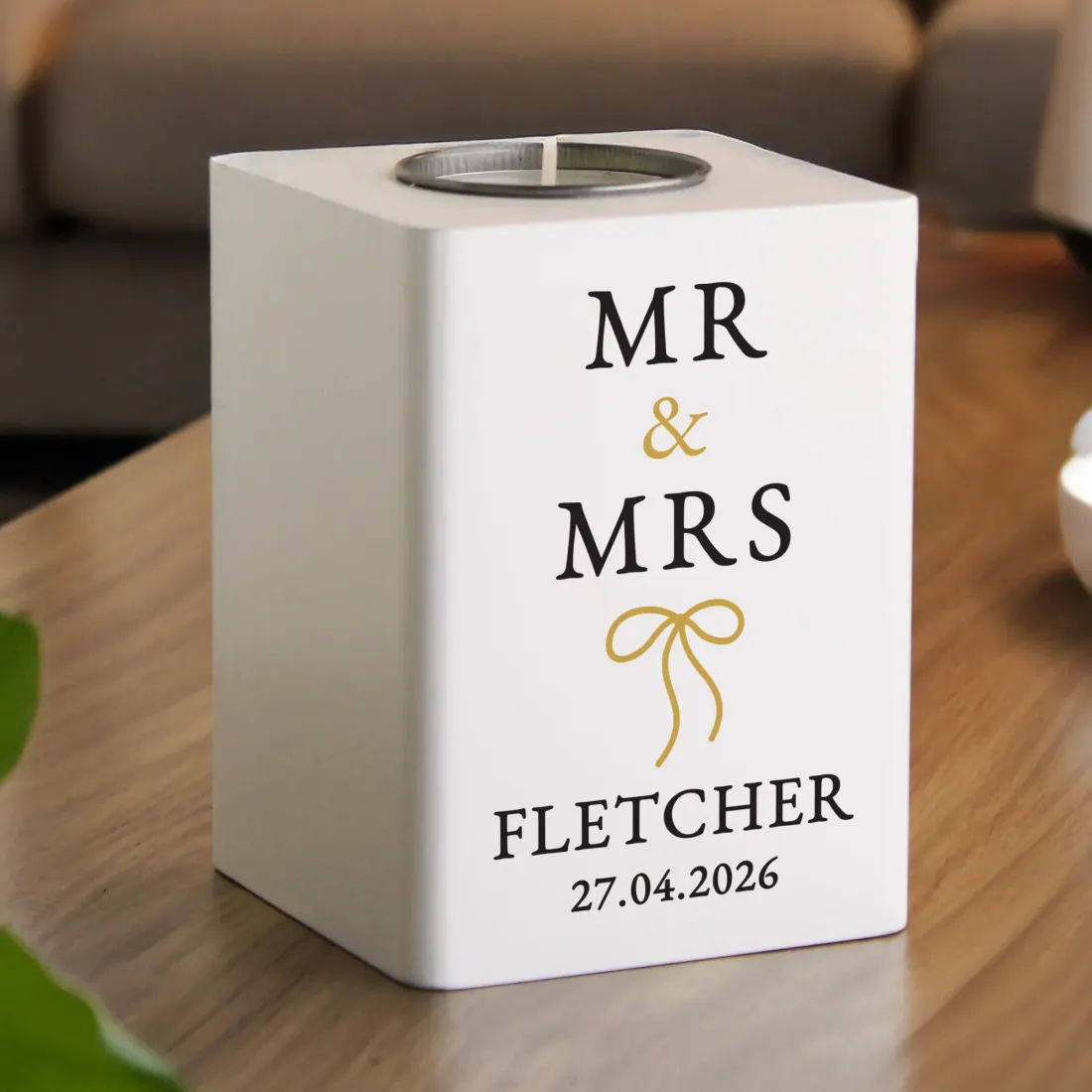Personalised Wooden Tealight Holder, Black Gold Mr and Mrs Wedding Candle Gift — photo 3