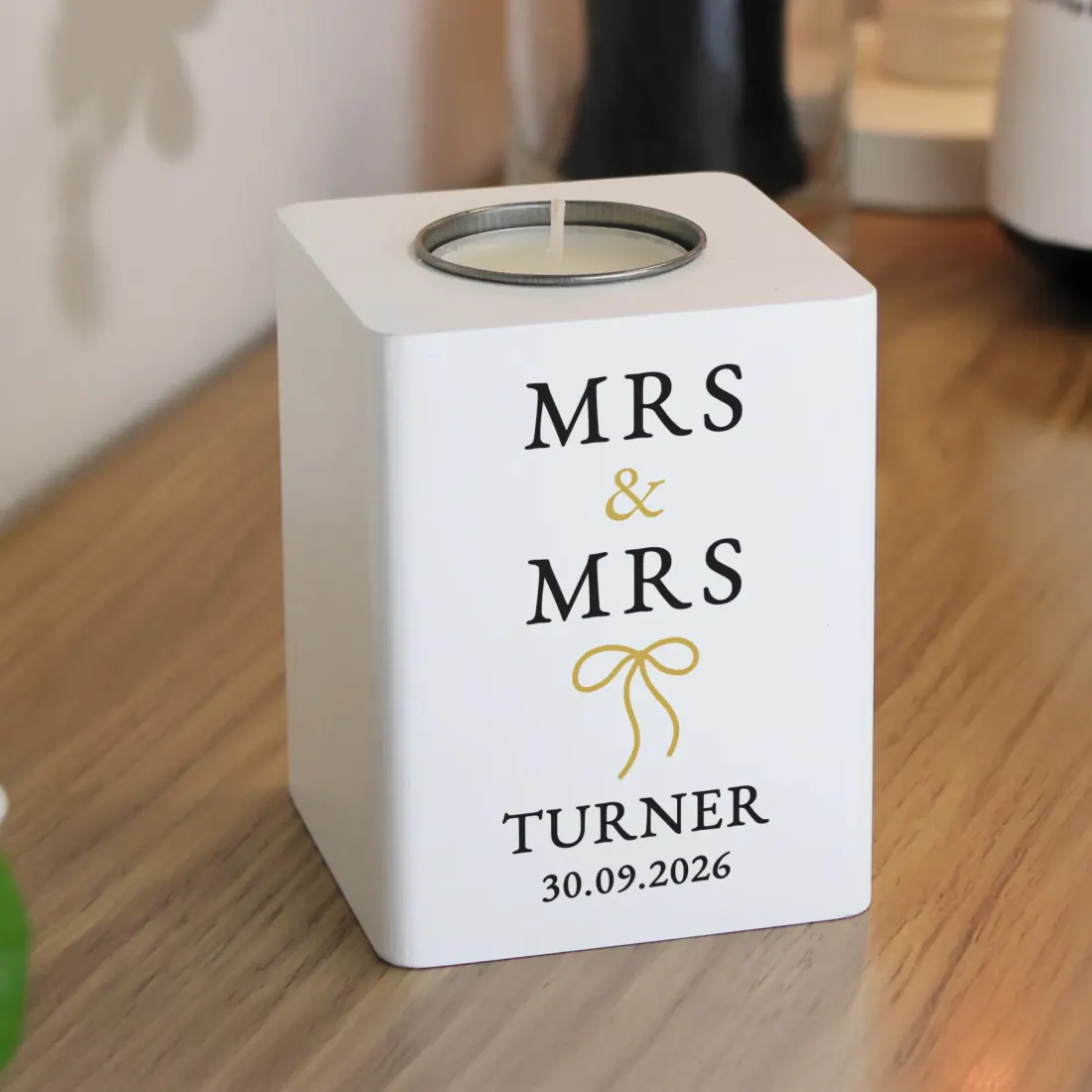 Personalised Wooden Tealight Holder, Black Gold Mr and Mrs Wedding Candle Gift — photo 4