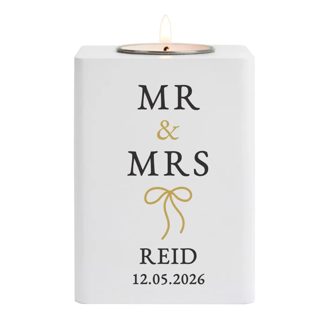 Personalised Wooden Tealight Holder, Black Gold Mr and Mrs Wedding Candle Gift — photo 5