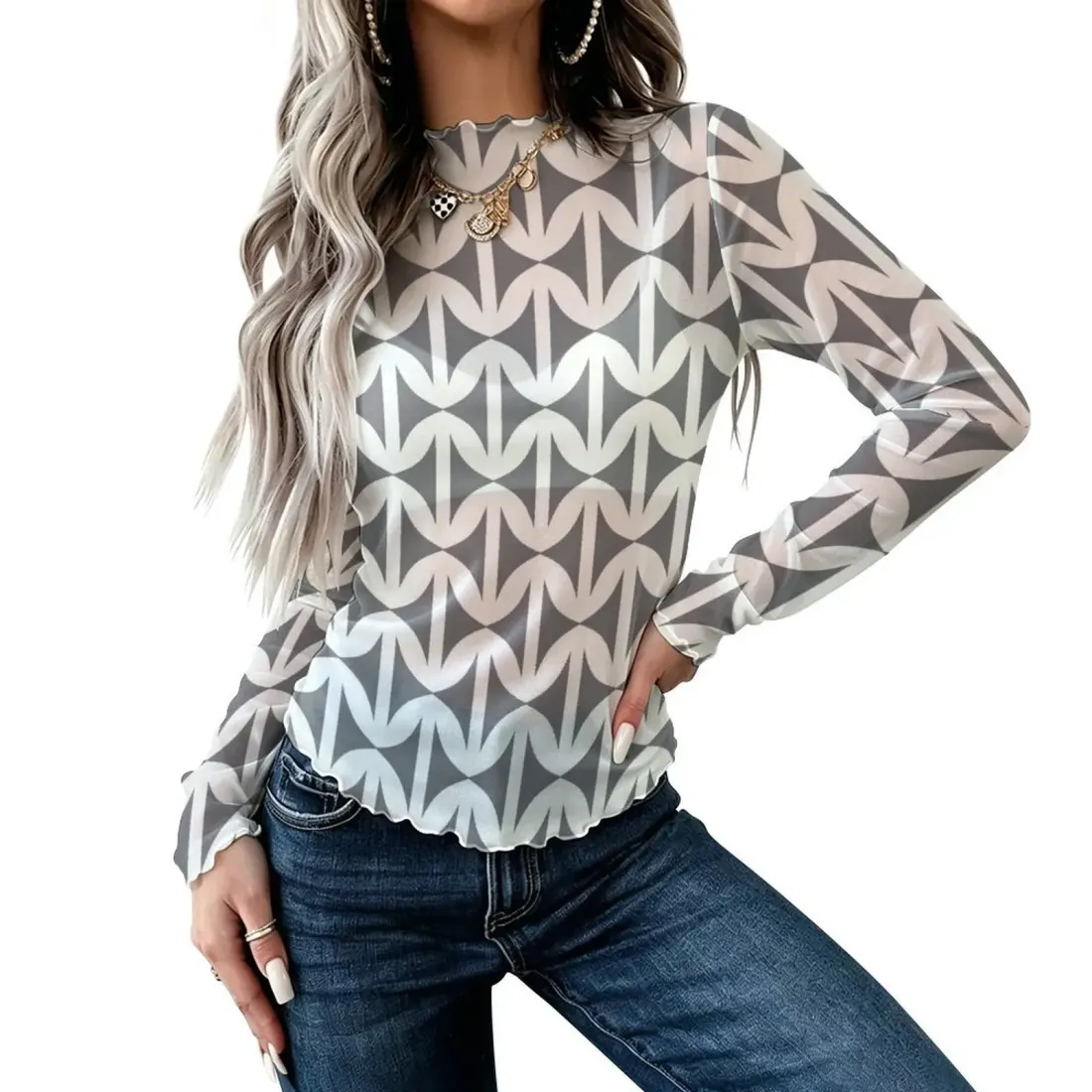 High Neck Long Sleeved Mesh Top — photo 3