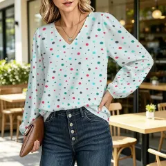 Women's V‑Neck Lantern Long‑Sleeve Blouse thumbnail 1