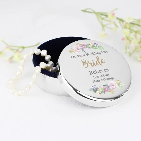 Personalised Floral Bride Trinket Box, Watercolour Flower Jewellery Case