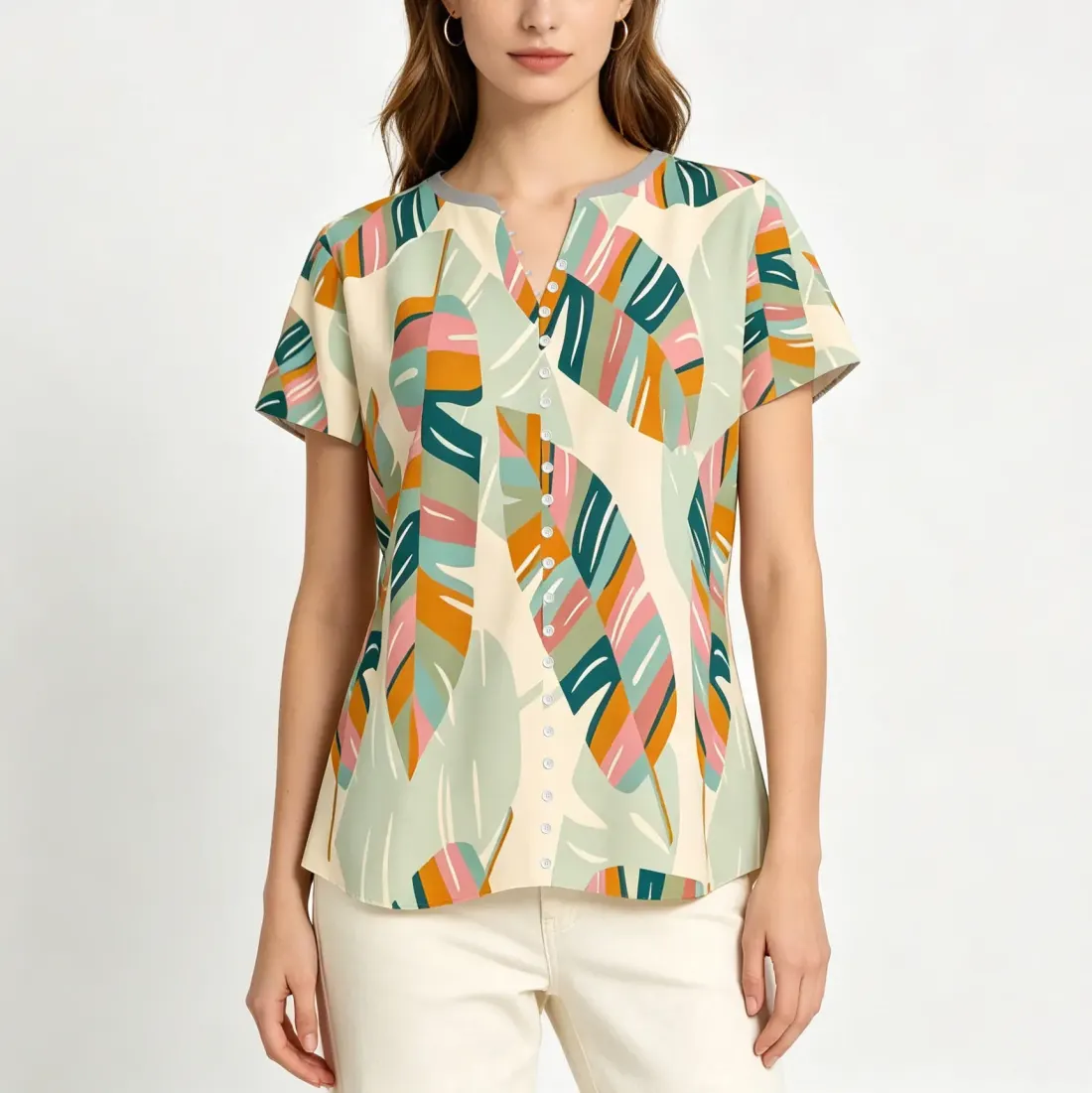 Women's V-Neck Short-Sleeve Button-Down Shirt