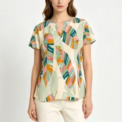 Women's V-Neck Short-Sleeve Button-Down Shirt thumbnail 1