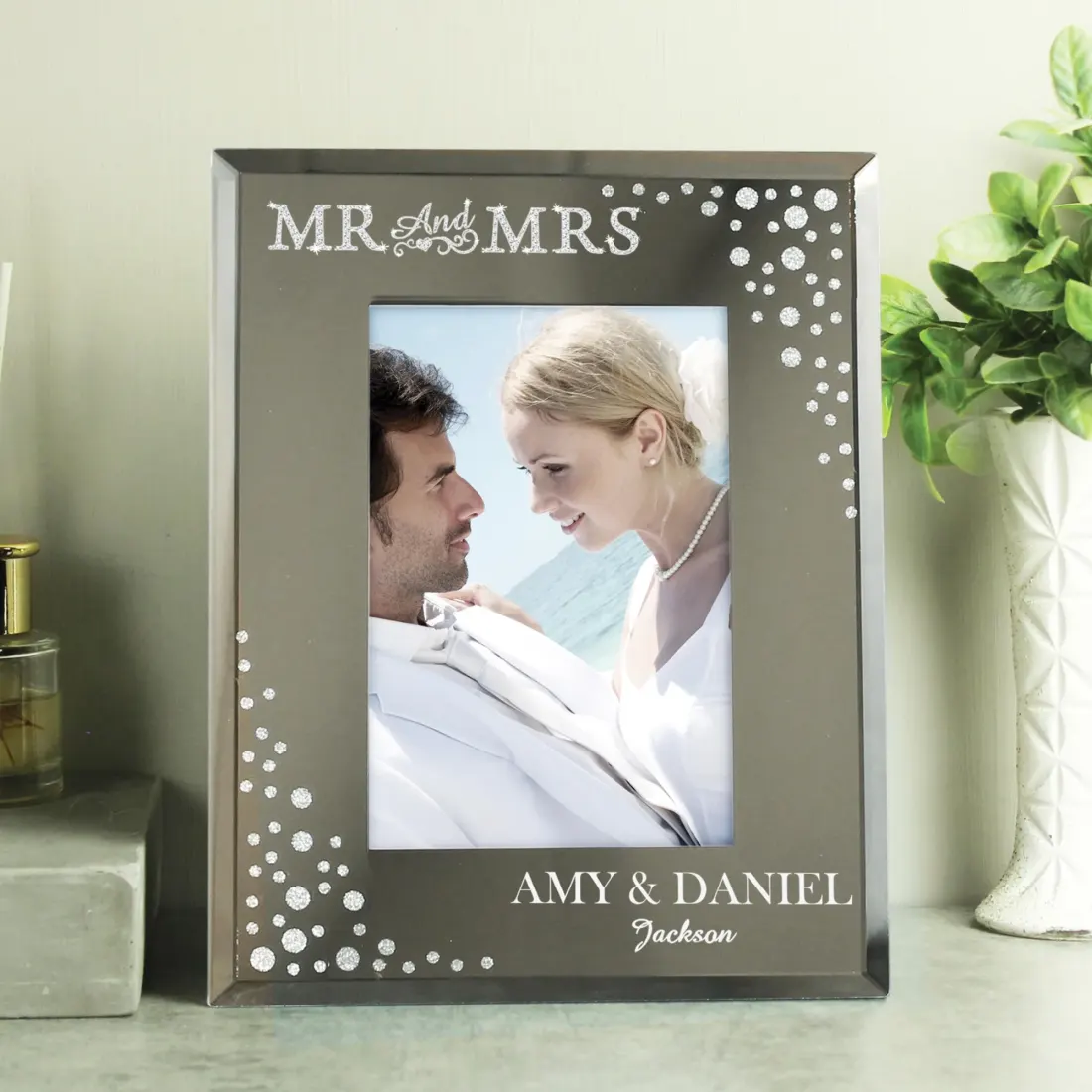 Personalised Wedding Photo Frame, 6x4 Diamante Glass Keepsake with Surname Date
