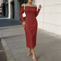 Off-Shoulder Long Sleeve Maxi Dress thumbnail 1