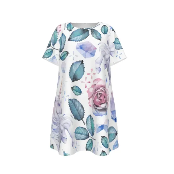 Women's Crew Neck Short Sleeve Dress With Pocket