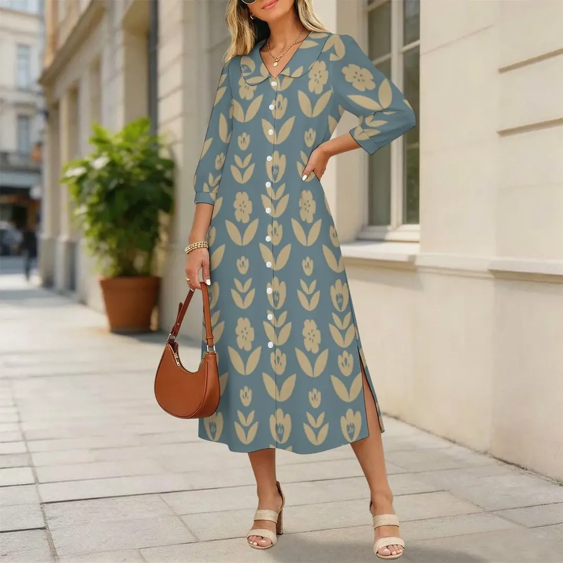 Women's Collar Side Slits Dress with Buttons