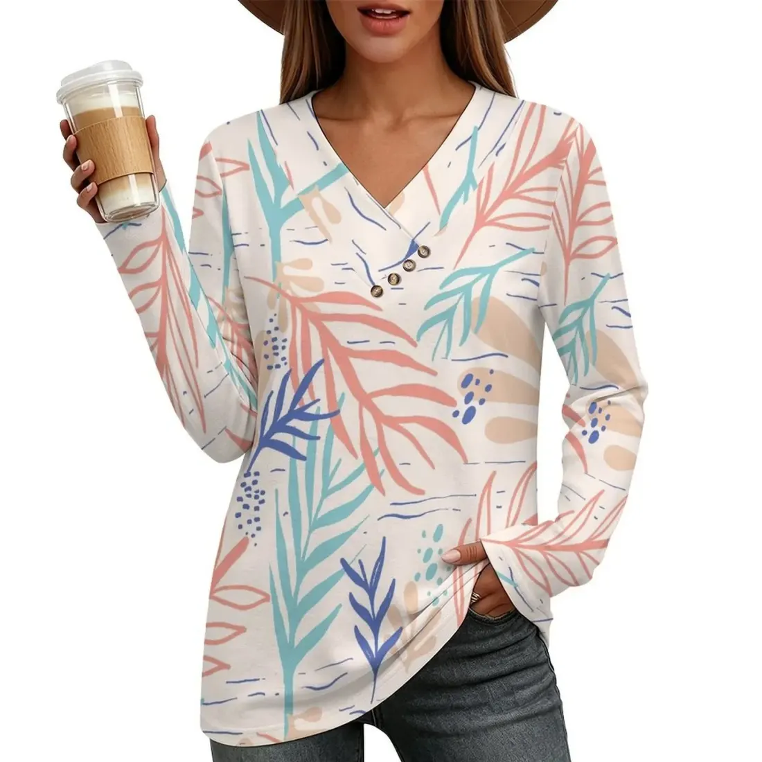 Women's Cross V Neck Button Long Sleeve Top — photo 2