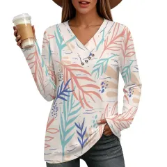 Women's Cross V Neck Button Long Sleeve Top thumbnail 2