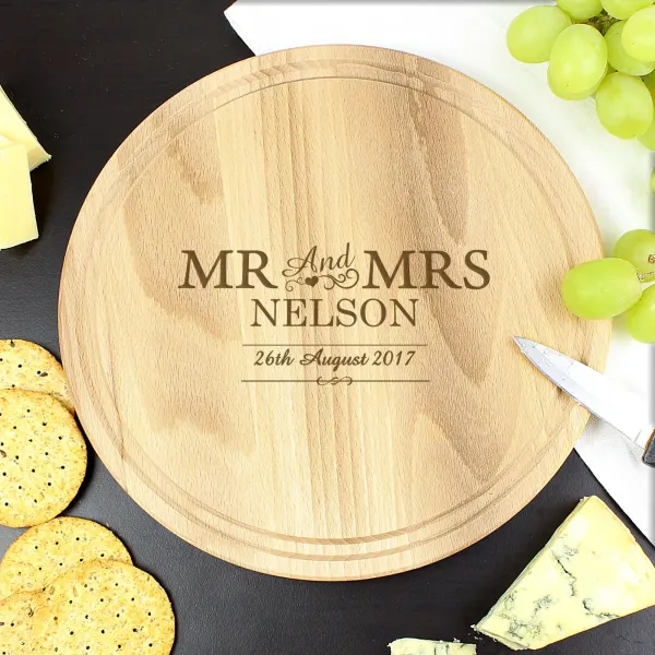 Personalised Chopping Board, Round Wooden Wedding Gift, Custom Engraved Couple Keepsake, Anniversary Kitchen Decor