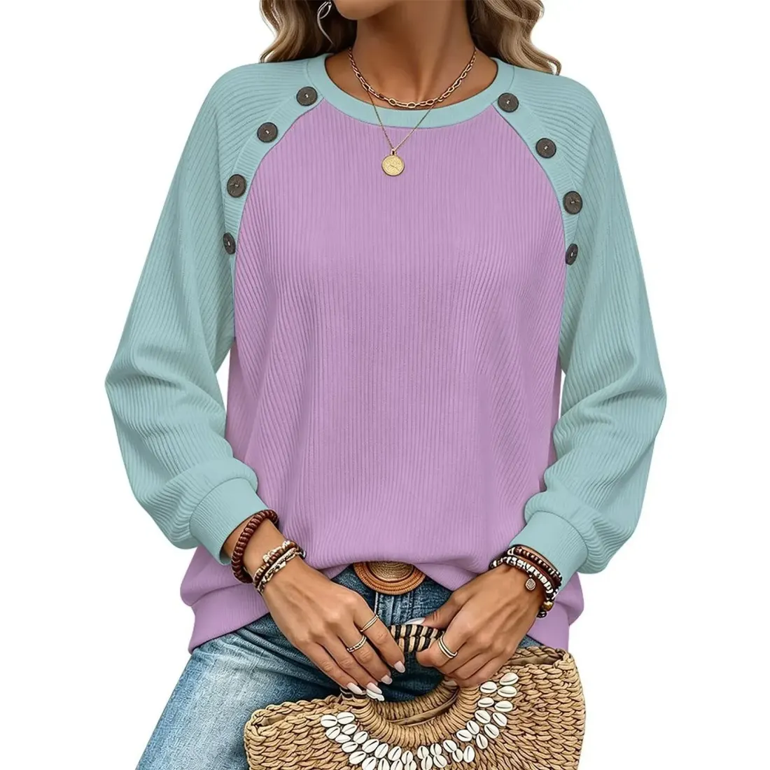 Women's Raglan Long Sleeve Sweatshirt with Buttons — photo 2