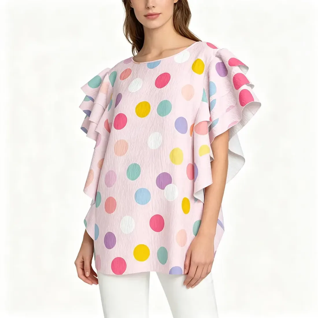 Women's Crew Neck Ruffle Short Sleeve Shirt