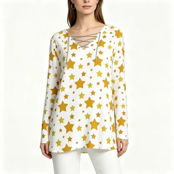 Women's V-neck Drawstring Long Sleeve Shirt