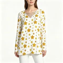 Women's V-neck Drawstring Long Sleeve Shirt thumbnail 1