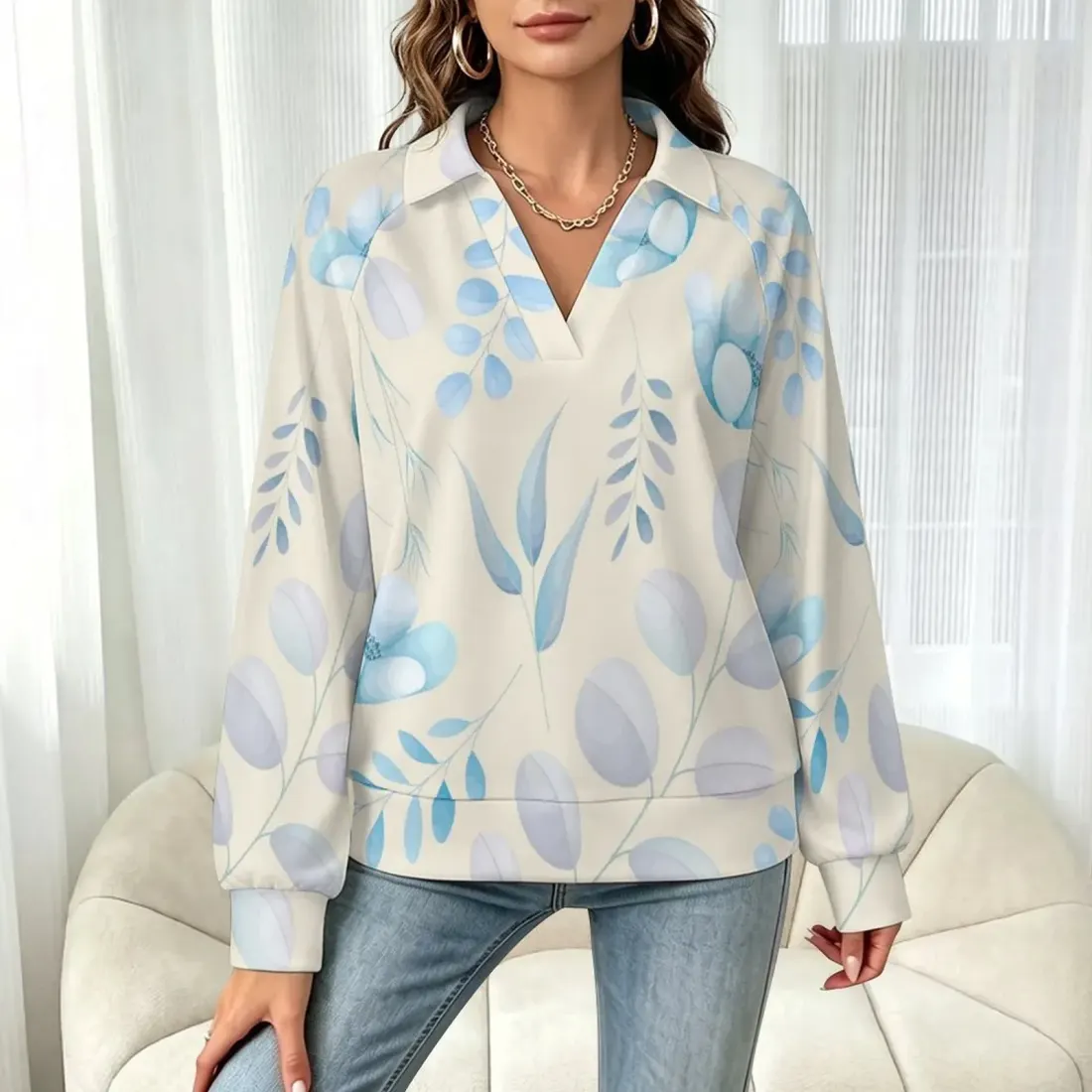 Women's Casual Long Sleeve V-Neck Sweatshirt