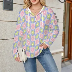 Women's V-Neck Button-Front Drawstring Hoodie thumbnail 1