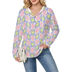 Women's V-Neck Button-Front Drawstring Hoodie thumbnail 2