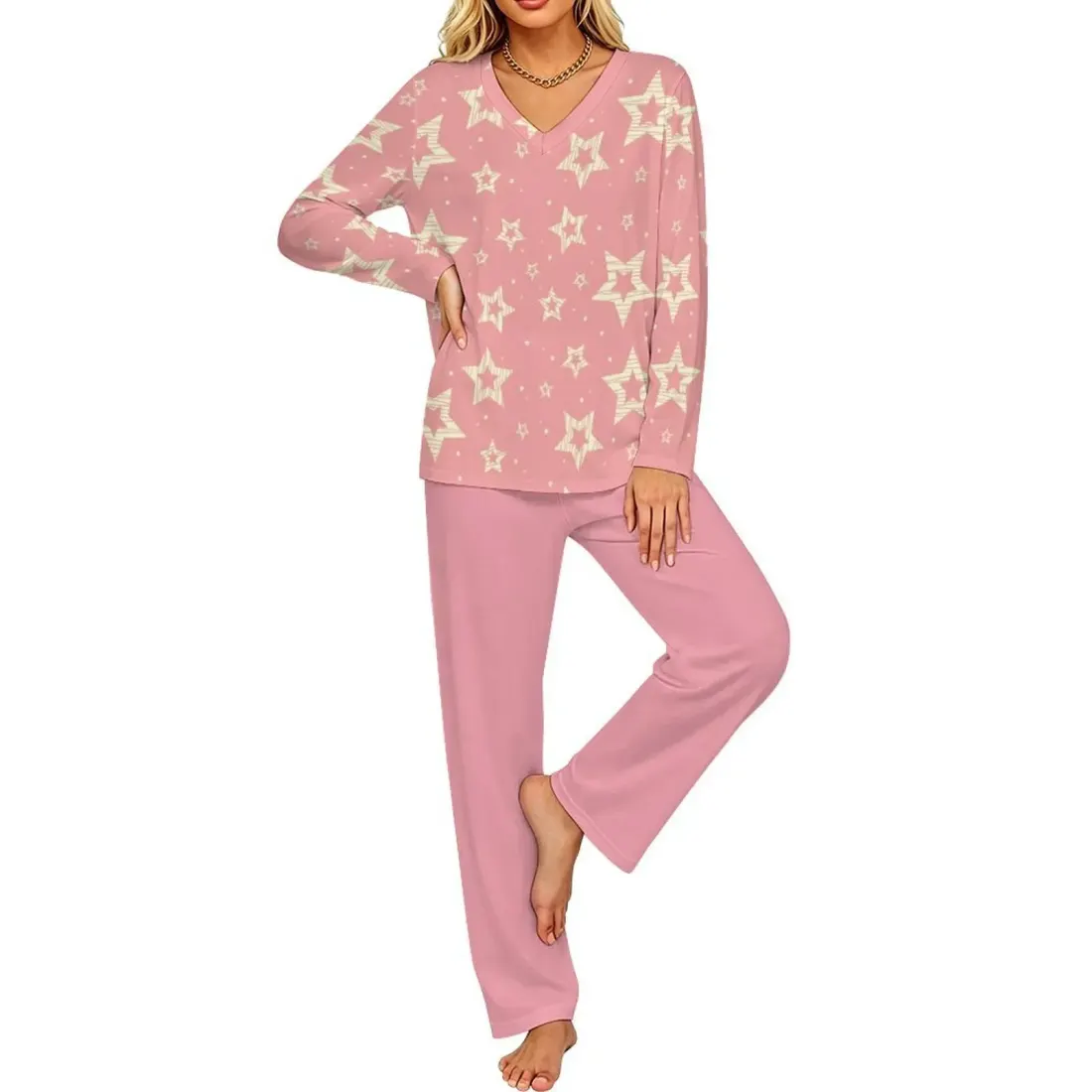 Women's V-Neck Long Sleeve Pajama Set with Pockets — photo 2