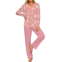 Women's V-Neck Long Sleeve Pajama Set with Pockets thumbnail 2