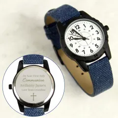 Personalised First Holy Communion Blue Watch for Boy, Custom Name and Cross Watch thumbnail 1