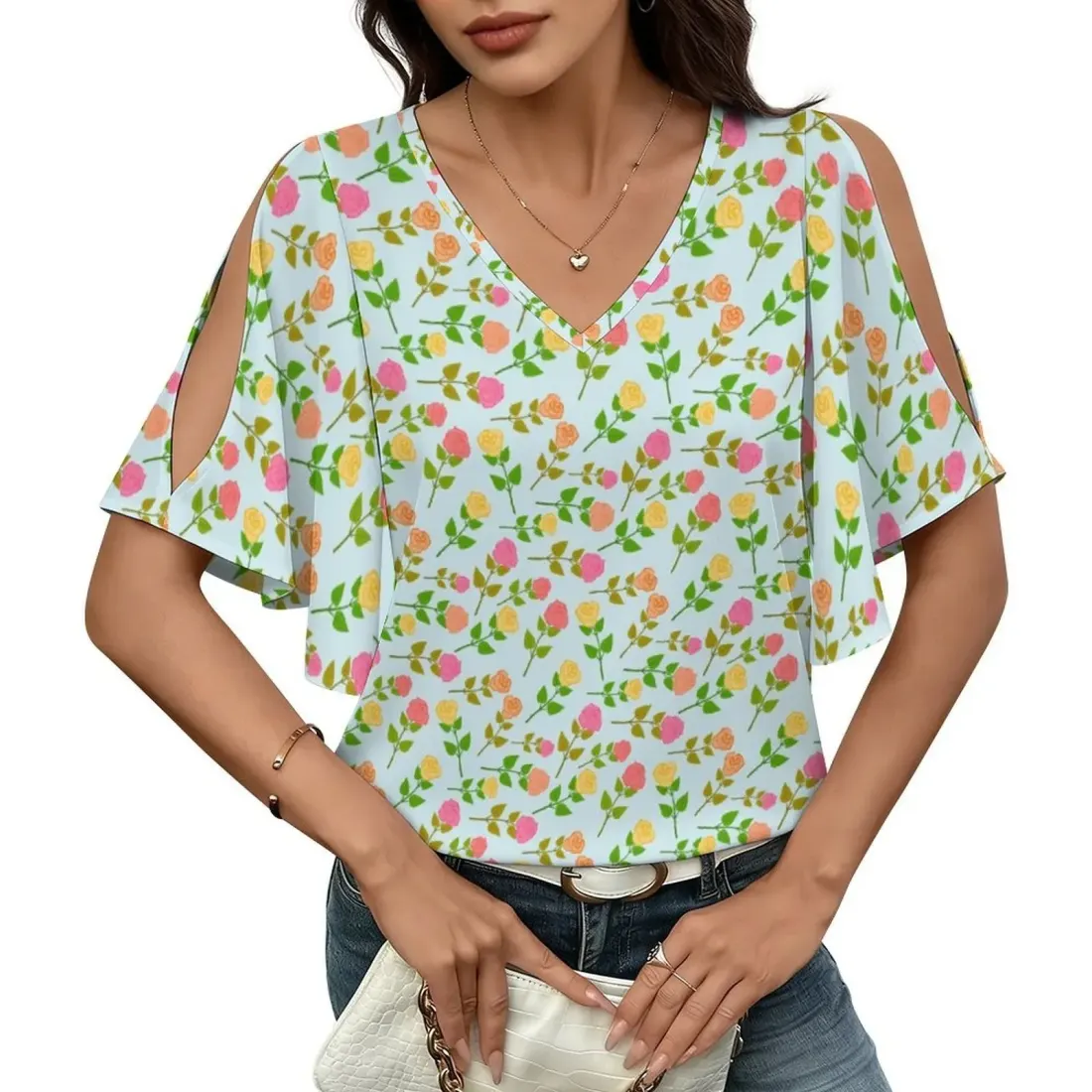 Women's V-Neck Cold Shoulder Flutter Sleeve Blouse