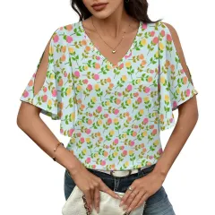 Women's V-Neck Cold Shoulder Flutter Sleeve Blouse thumbnail 1