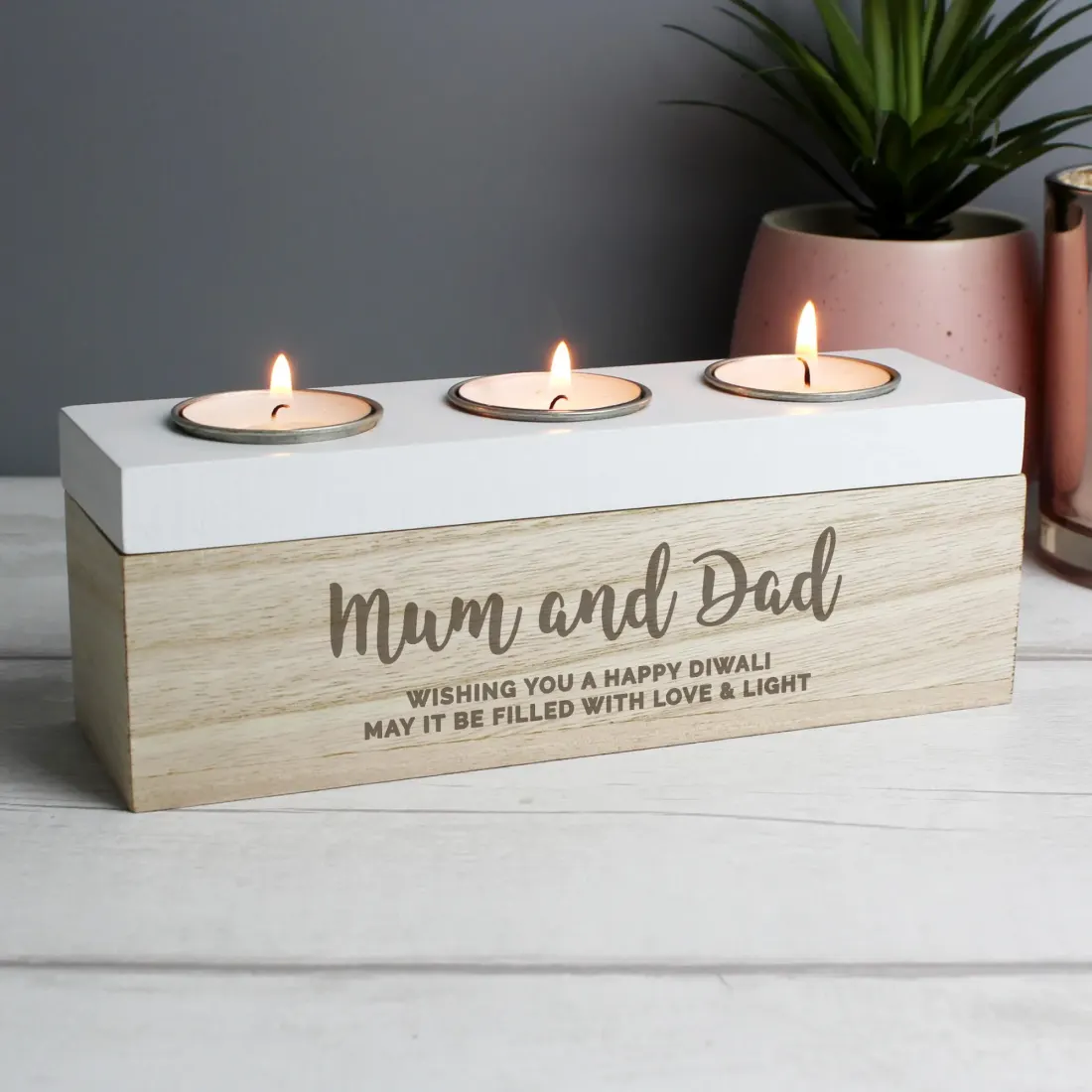 Personalised Wooden Triple Tea Light Box, Custom Engraved Candle Holder with White Top