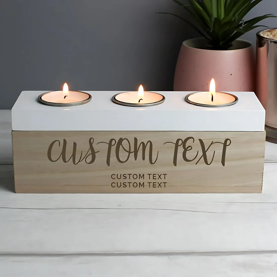 Personalised Wooden Triple Tea Light Box, Custom Engraved Candle Holder with White Top — photo 2