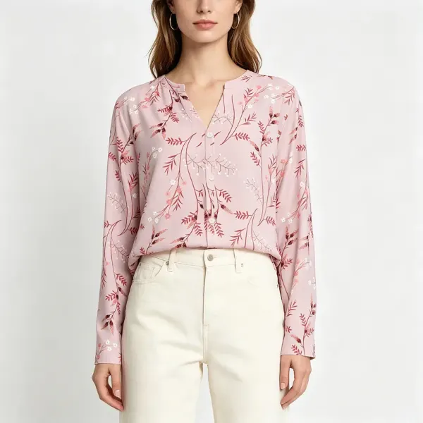 Women's Split Neck Button-Down Long Sleeve Top