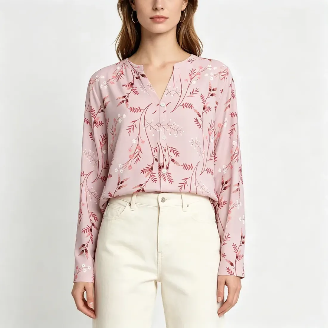 Women's Split Neck Button-Down Long Sleeve Top