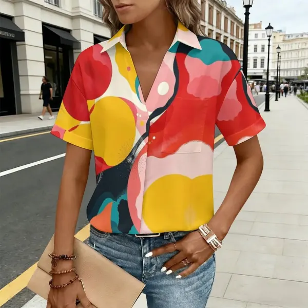 Women's V-neck Short Sleeve Blouse with Chest Pocket