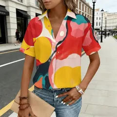 Women's V-neck Short Sleeve Blouse with Chest Pocket thumbnail 1