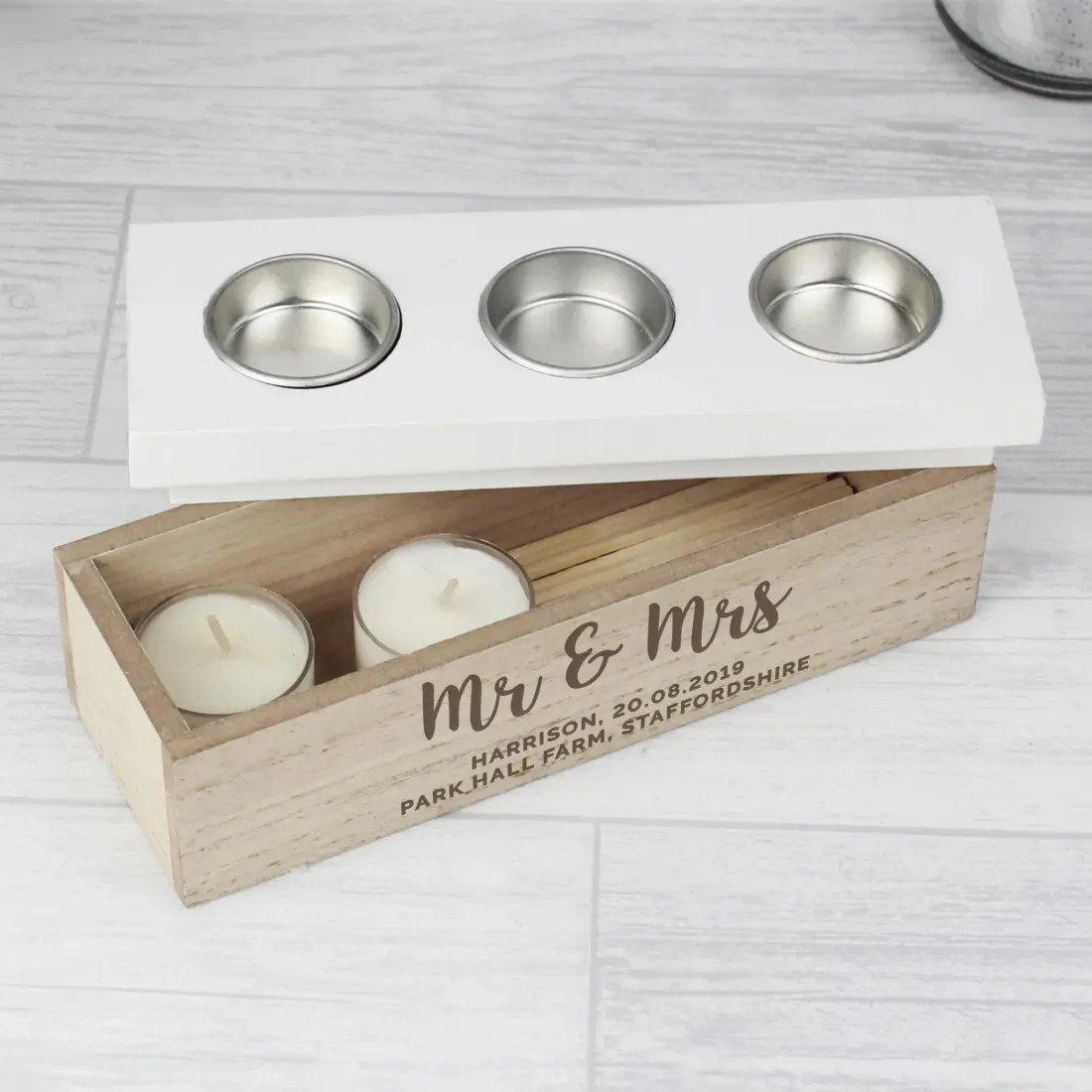 Personalised Wooden Triple Tea Light Box, Custom Engraved Candle Holder with White Top — photo 3