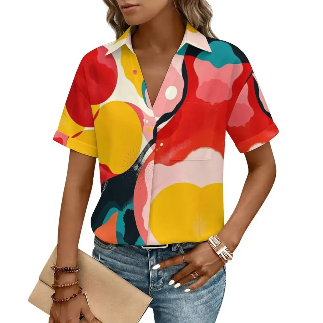 Women's V-neck Short Sleeve Blouse with Chest Pocket — photo 2